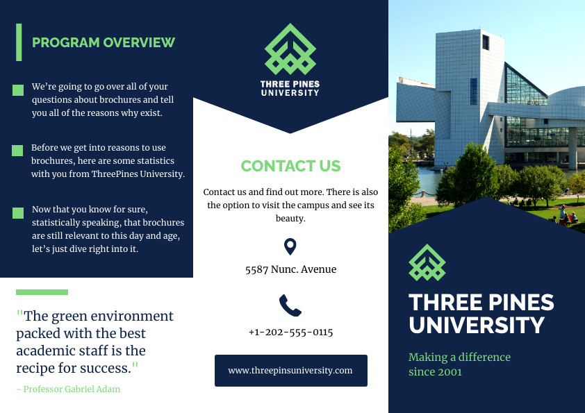 Three Pines University Blue Brochure 842x595 template