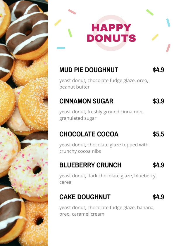 Colorful Happy Donuts – Menu Template 595x842 template