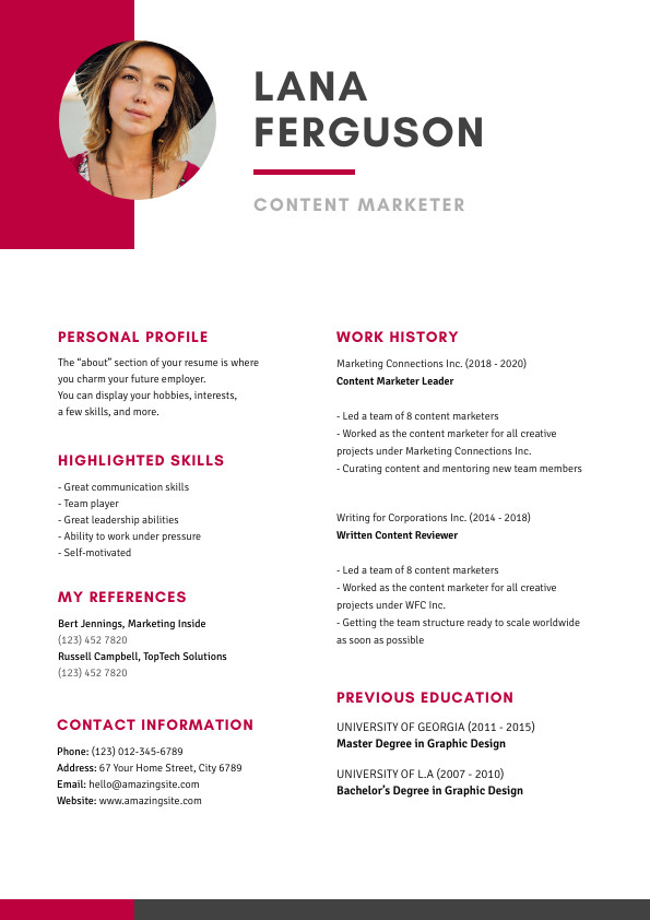 Lana Ferguson Content Marketer – Resume Template 595x842 template