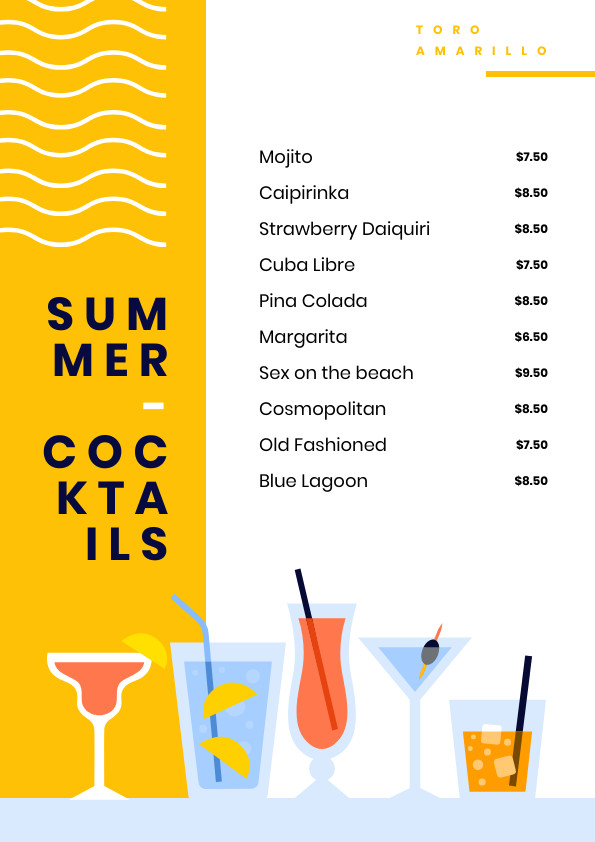 Toro Amarillo Cocktails –  Menu Template 595x842 template