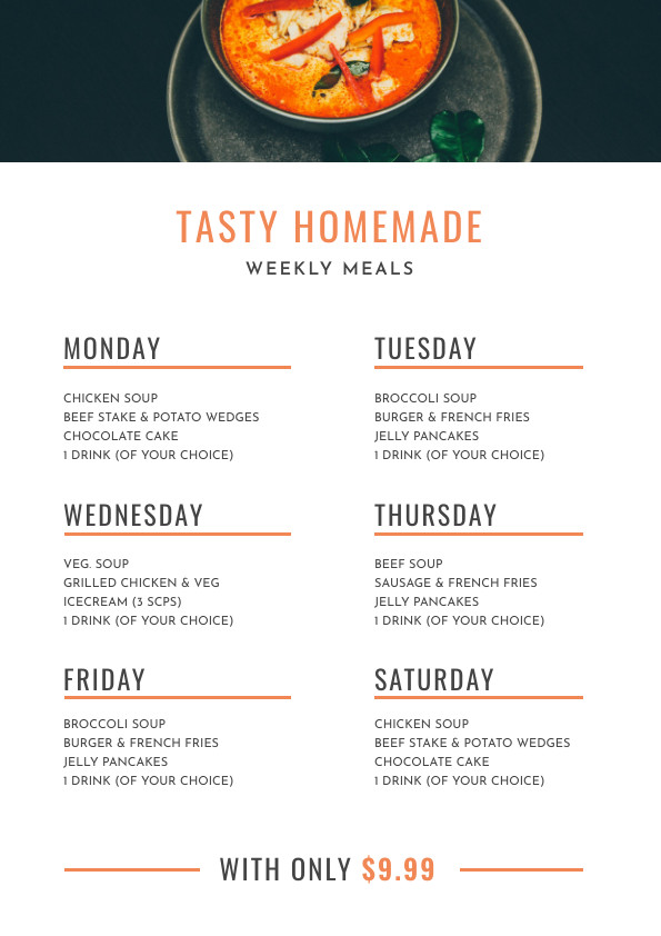 Tasty Homemade Weekly – Menu Template 595x842 template