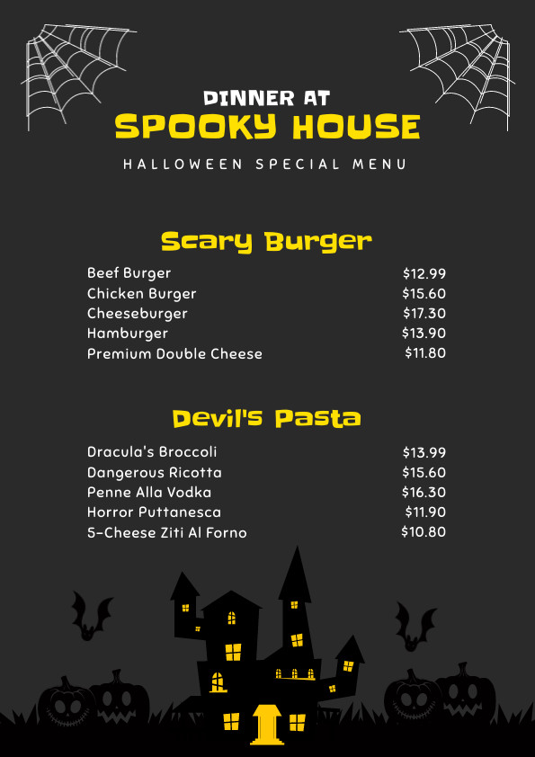 Dinner at Spooky House Menu 595x842 template