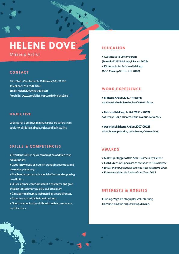 Helene Dove Makeup Artist – Resume Template 595x842 template