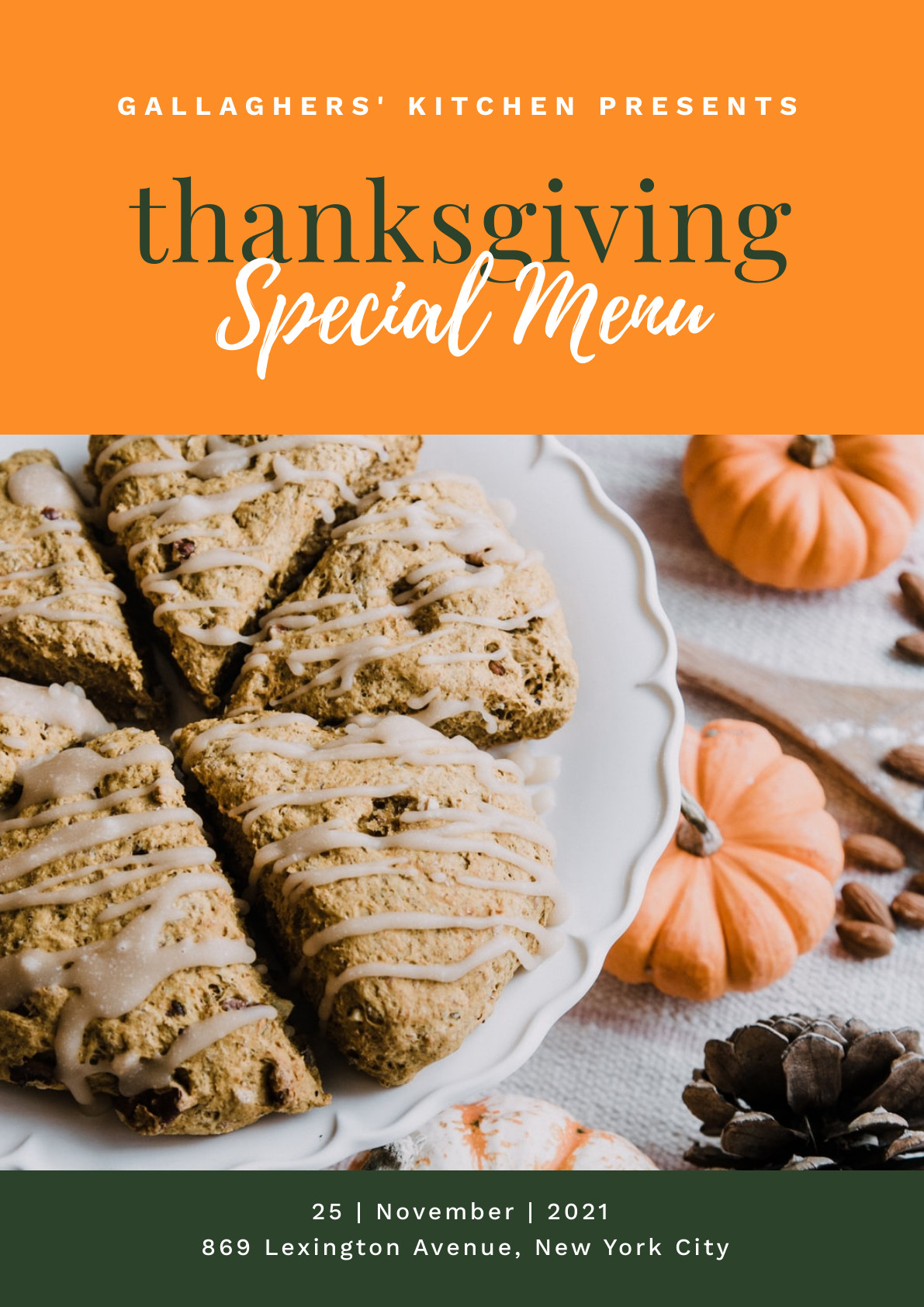 Gallagher Kitchen Thanksgiving Special Menu Poster 1191x1684 template