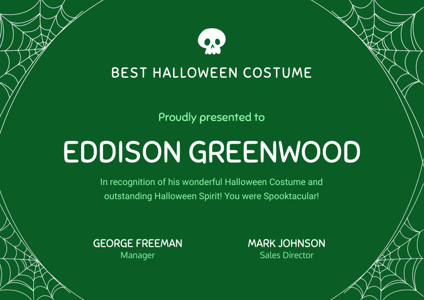Eddison Best Halloween Costume Certificate 842x595 template preview