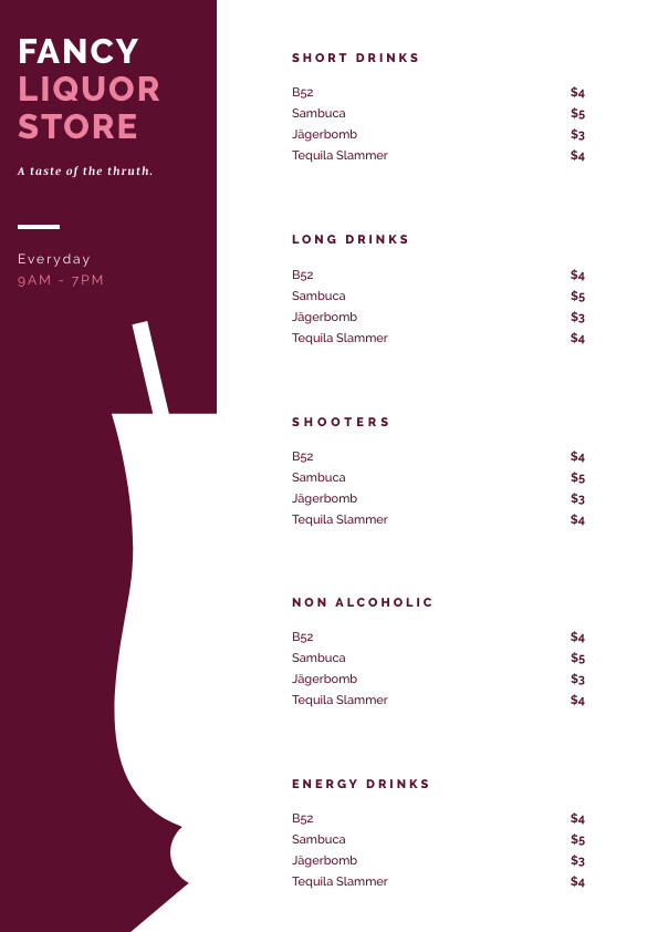 Fancy Liquor Store – Menu Template 595x842 template