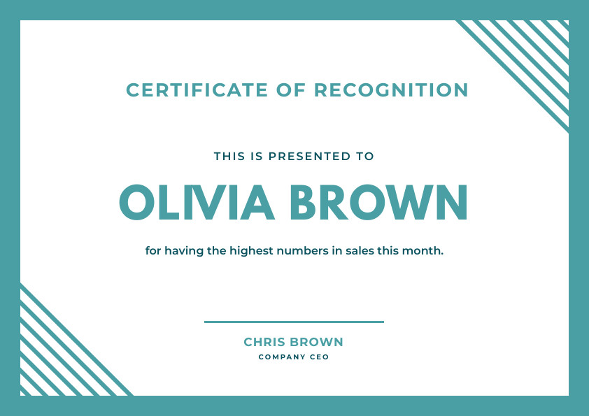 Olivia Brown Sales Recognition – Certificate Template 842x595 template preview