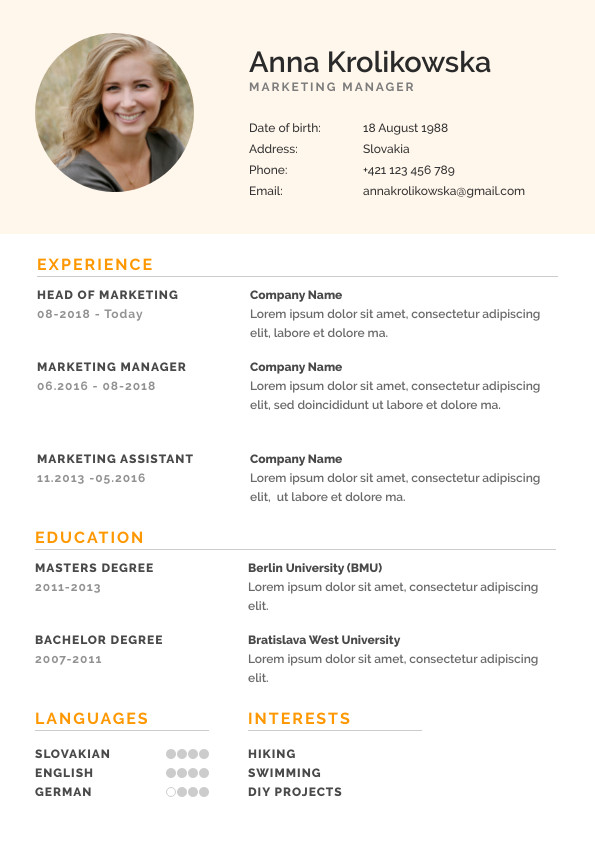 Anna Marketing Manager – Resume Template 595x842 template