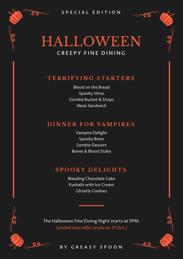 Halloween Creepy Fine Dining Menu 595x842 template