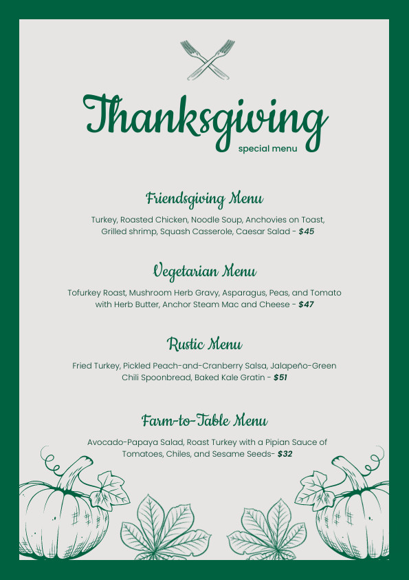 Thanksgiving Special Dark Green Menu 595x842 template
