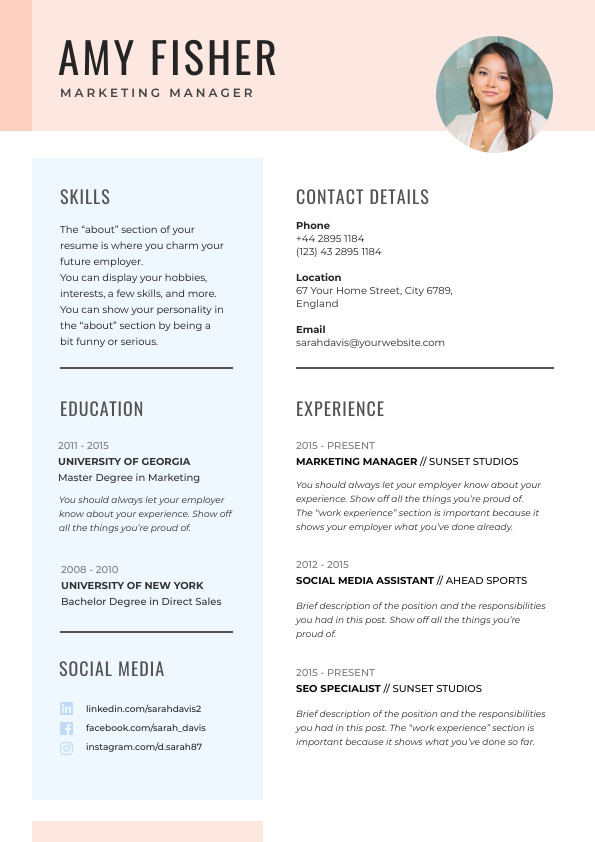 Amy Fisher Marketing Manager – Resume Template 595x842 template