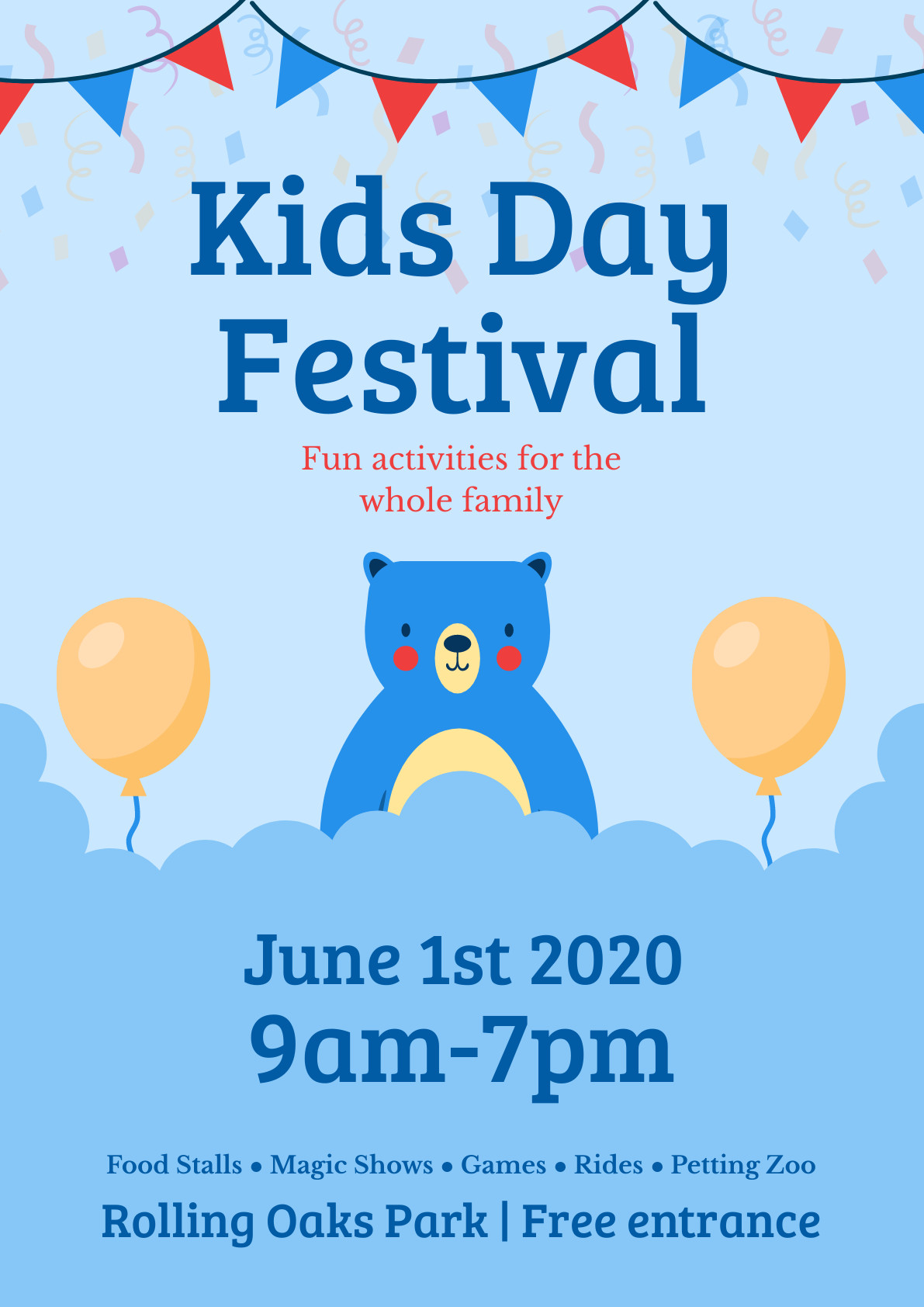 Kids Day Blue Teddy Festival – Poster Template 1191x1684 template preview
