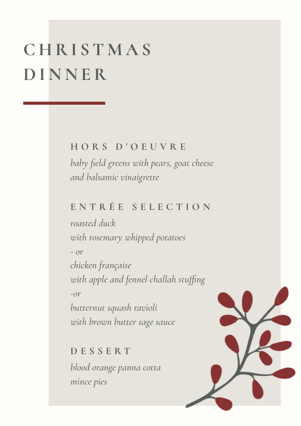 Elegant Simple Christmas Dinner Menu 595x842 template