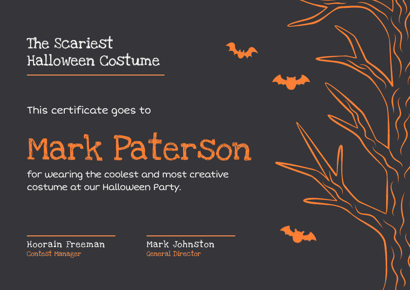 Mark Scariest Halloween Costume Certificate 842x595 template