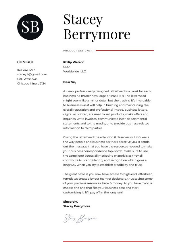 Stacey Product Designer – Letterhead Template 595x842 template