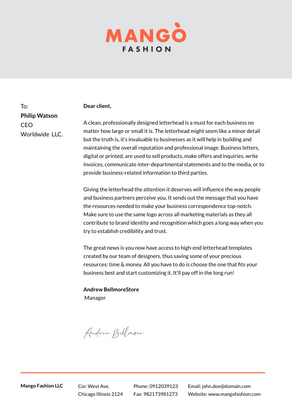 Mango Fashion LLC – Letterhead Template  595x842 template preview