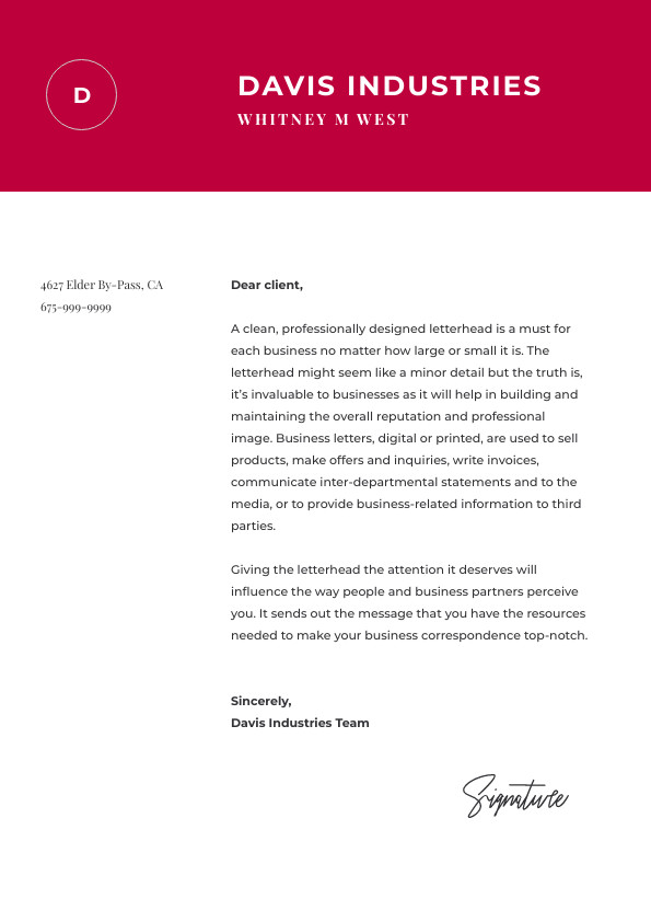 Red Davis Industries Simple Letterhead 595x842 template preview