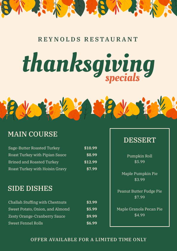 Reynolds Restaurant Special Thanksgiving Menu 595x842 template preview
