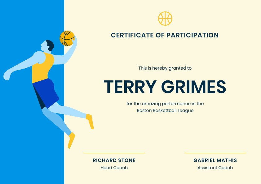 Basketball League Participation – Certificate Template 842x595 template