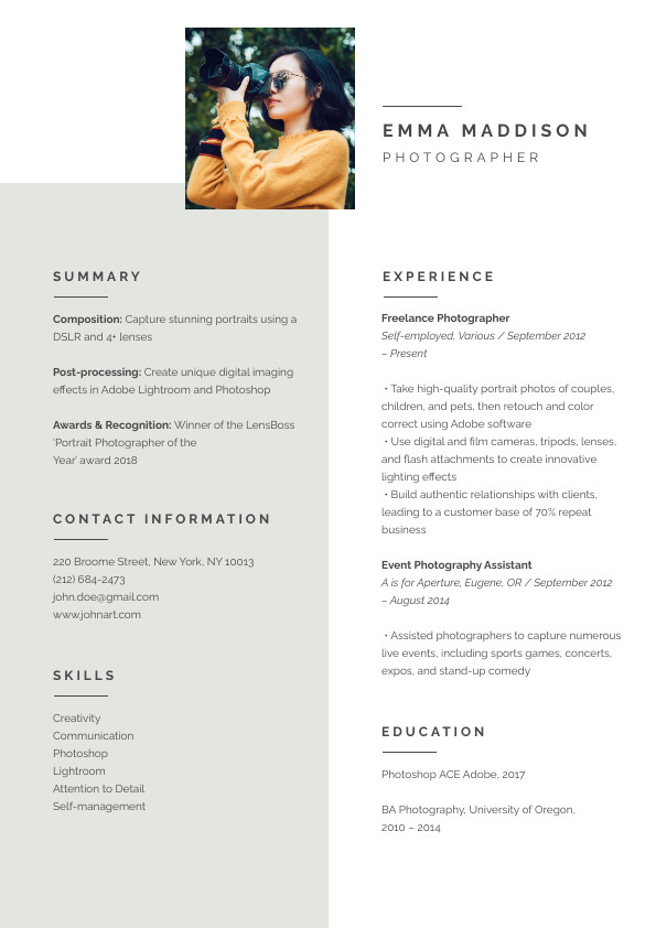 Emma Maddison Photographer – Resume Template 595x842 template