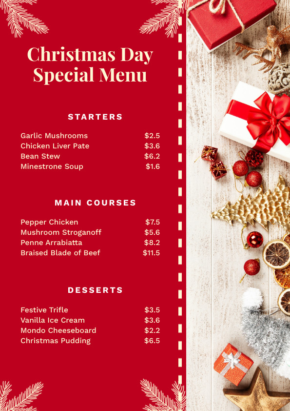 Christmas Day Red Gold Special Menu 595x842 template