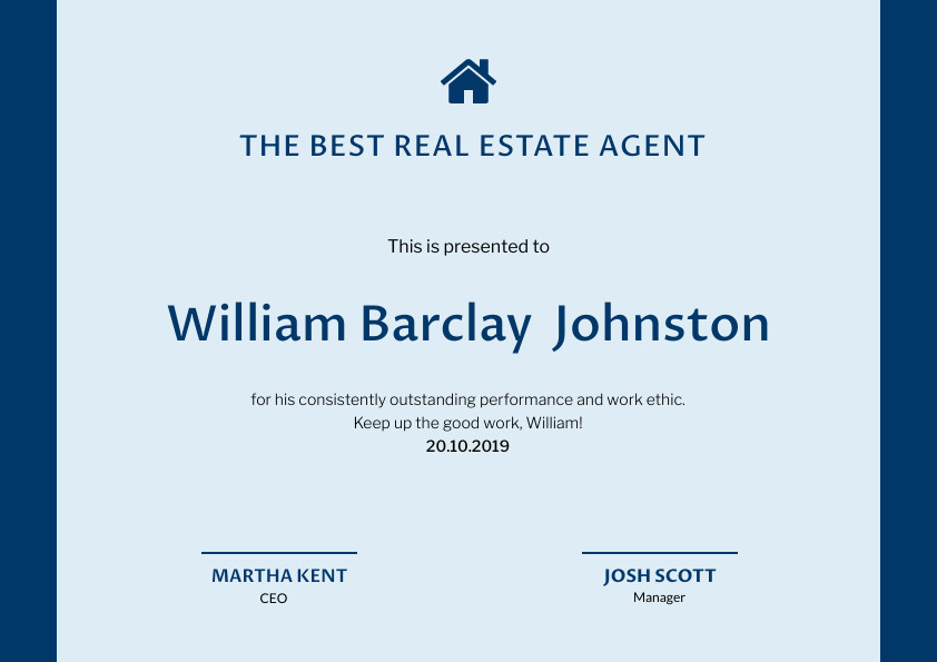William Best Real Agent  – Certificate Template 842x595 template