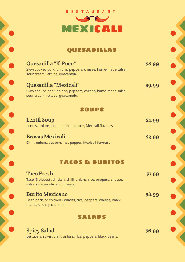 Mexicali Restaurant –  Menu Template 595x842 template
