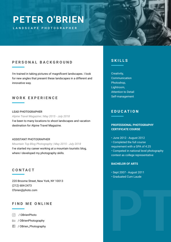 Peter Landscape Photographer – Resume Template 595x842 template