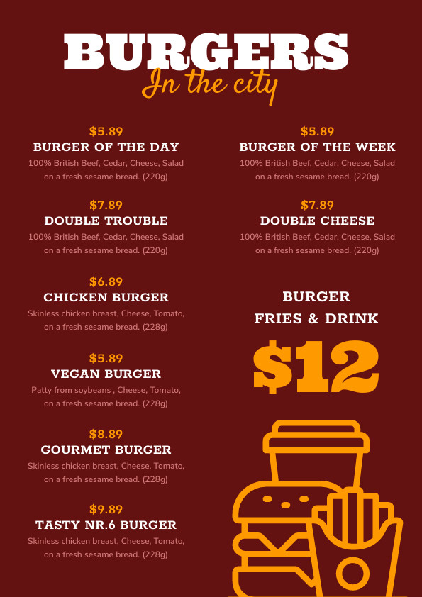 Burgers in the City – Menu Template 595x842 template